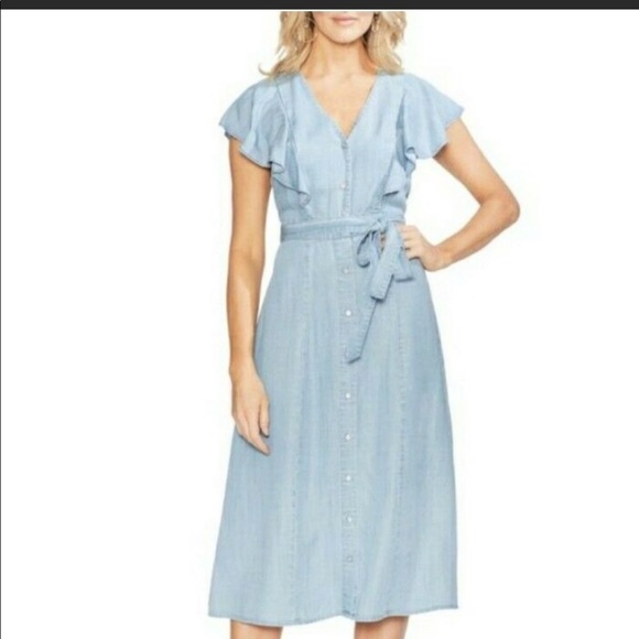 Vince Camuto Chambray Button Ruffle Midi Dress - Picture 1 of 5